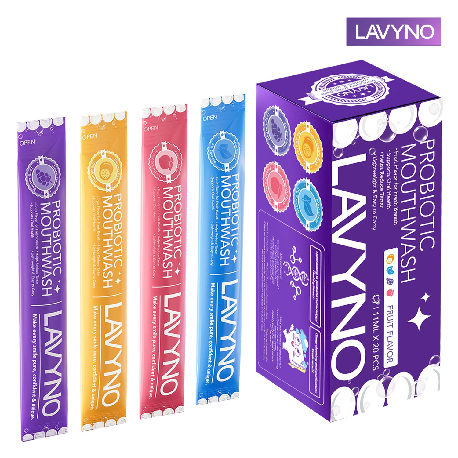 Lavyno Probiotic Fresh Mouthwash - Fresh Breath, 0 Alcohol & 0 Sucrose, Grape/Mint/Peach/Passion Fruit Flavors, Portable Travel Size for Daily Oral Care
