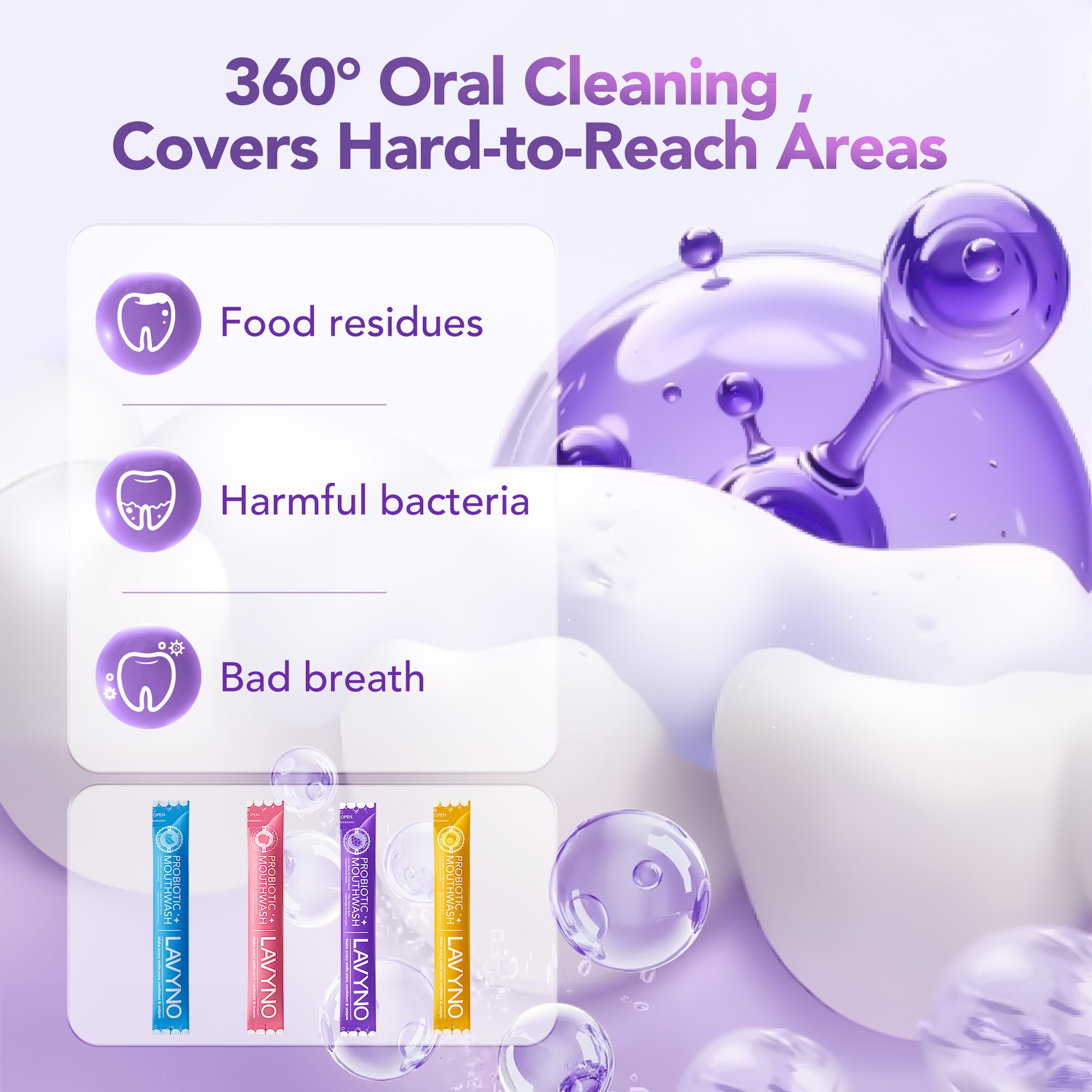 Lavyno Probiotic Fresh Mouthwash - Fresh Breath, 0 Alcohol & 0 Sucrose, Grape/Mint/Peach/Passion Fruit Flavors, Portable Travel Size for Daily Oral Care