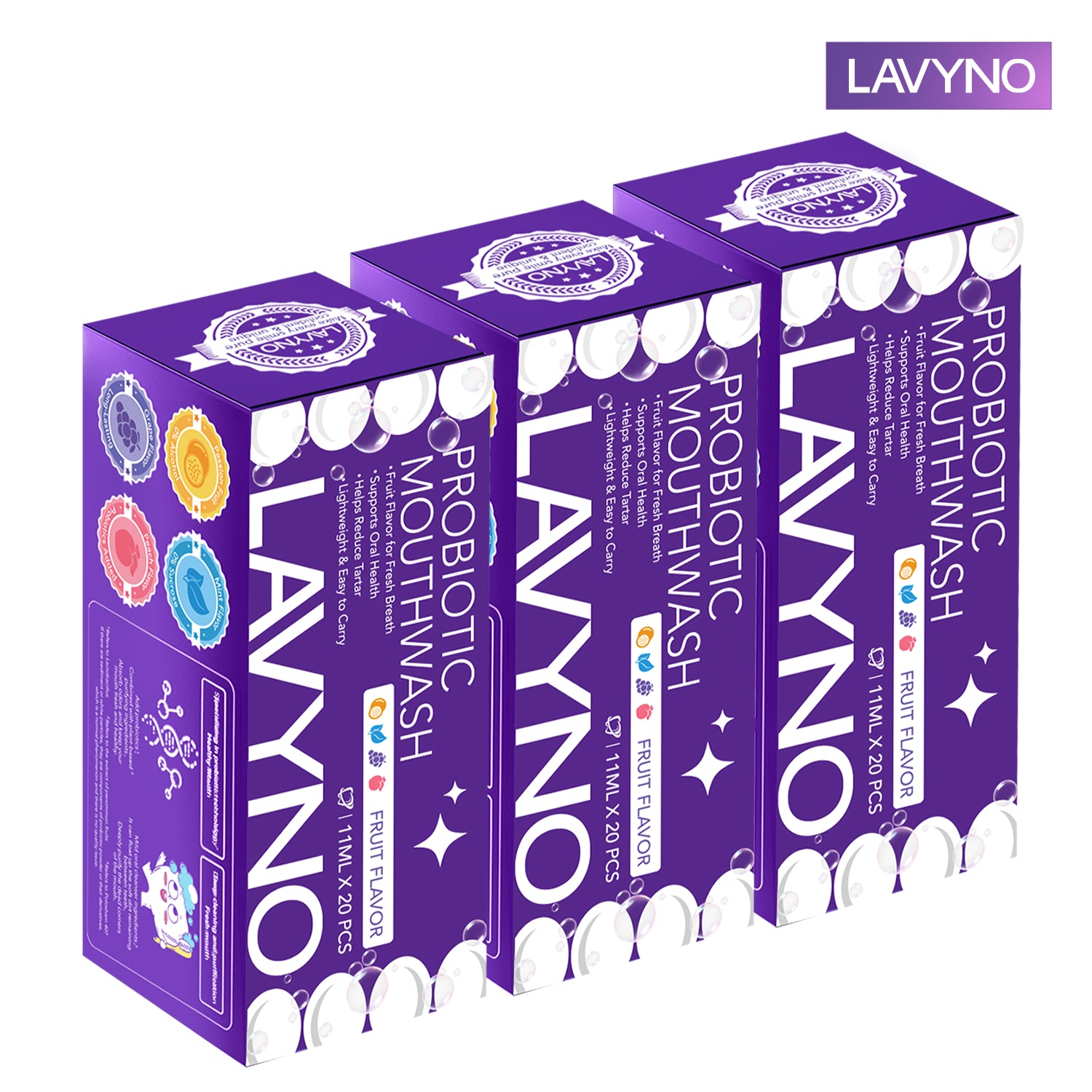 Lavyno Probiotic Fresh Mouthwash - Fresh Breath, 0 Alcohol & 0 Sucrose, Grape/Mint/Peach/Passion Fruit Flavors, Portable Travel Size for Daily Oral Care