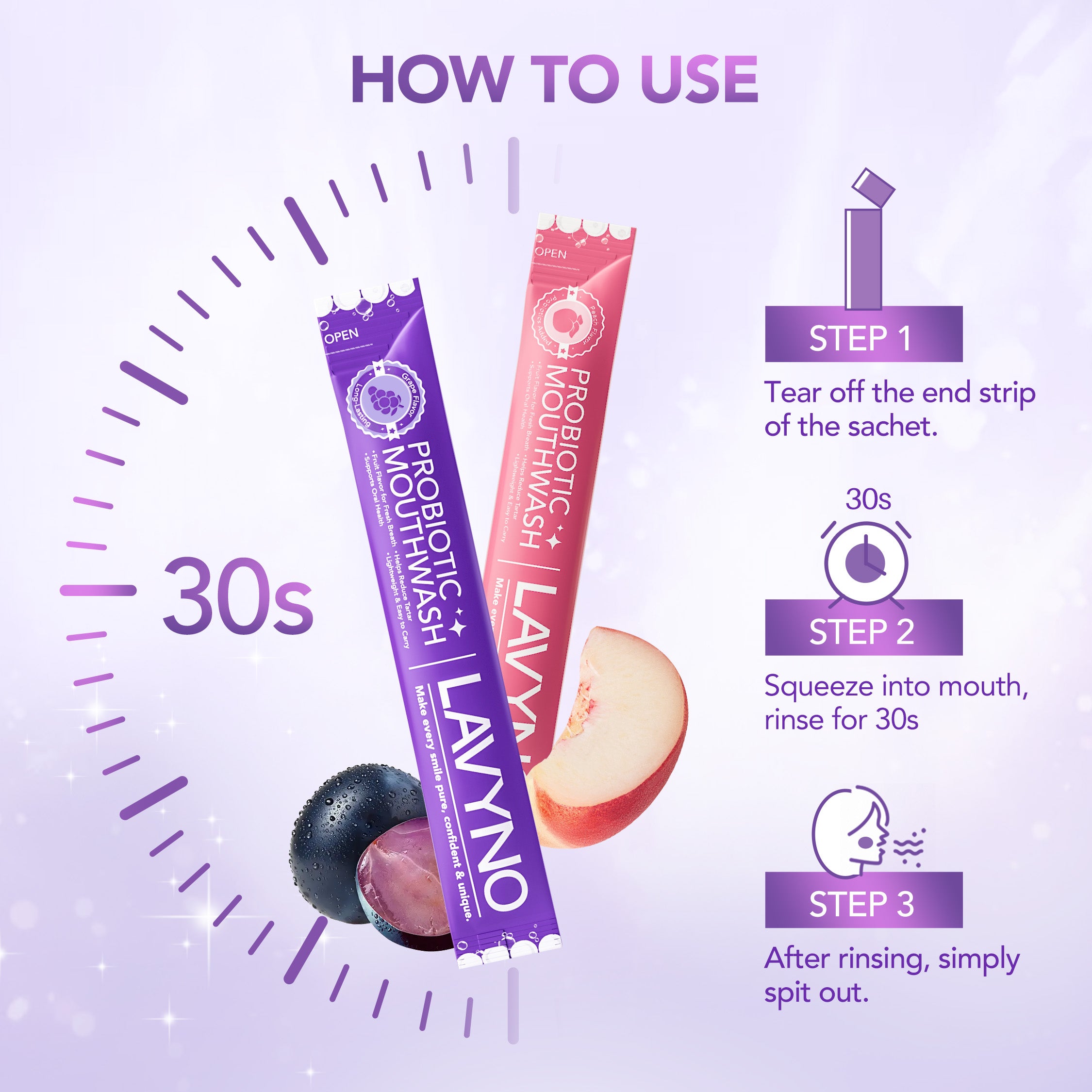 Lavyno Probiotic Fresh Mouthwash - Fresh Breath, 0 Alcohol & 0 Sucrose, Grape/Mint/Peach/Passion Fruit Flavors, Portable Travel Size for Daily Oral Care