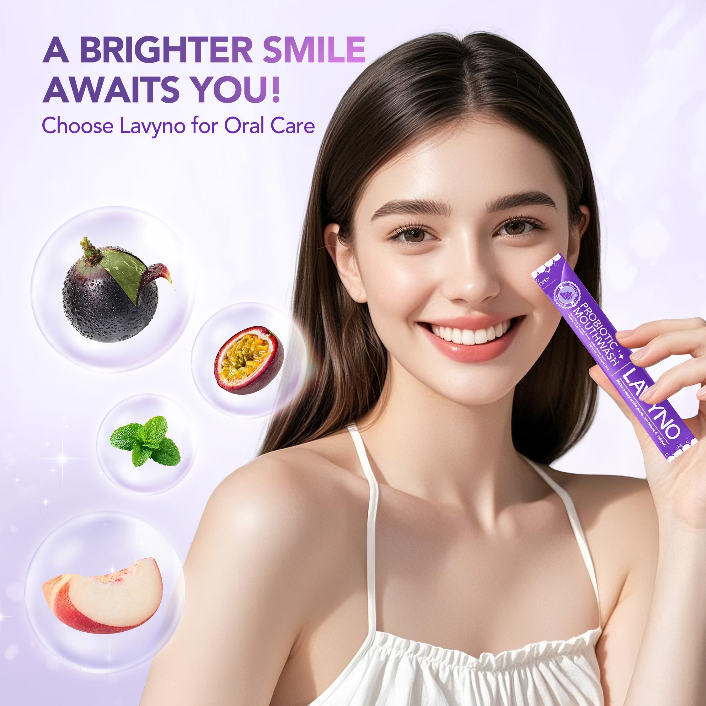 Lavyno Probiotic Fresh Mouthwash - Fresh Breath, 0 Alcohol & 0 Sucrose, Grape/Mint/Peach/Passion Fruit Flavors, Portable Travel Size for Daily Oral Care