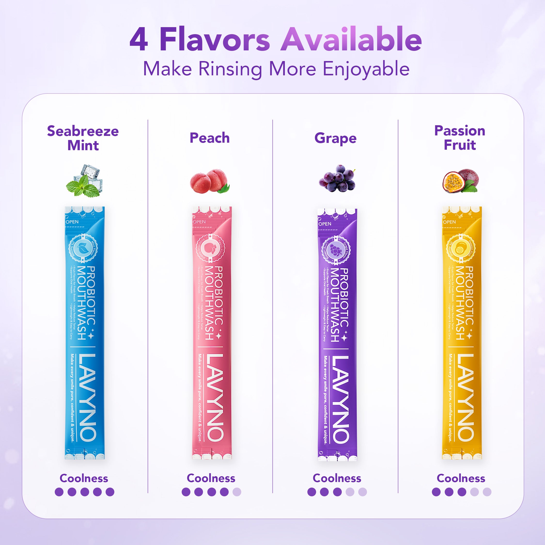 Lavyno Probiotic Fresh Mouthwash - Fresh Breath, 0 Alcohol & 0 Sucrose, Grape/Mint/Peach/Passion Fruit Flavors, Portable Travel Size for Daily Oral Care